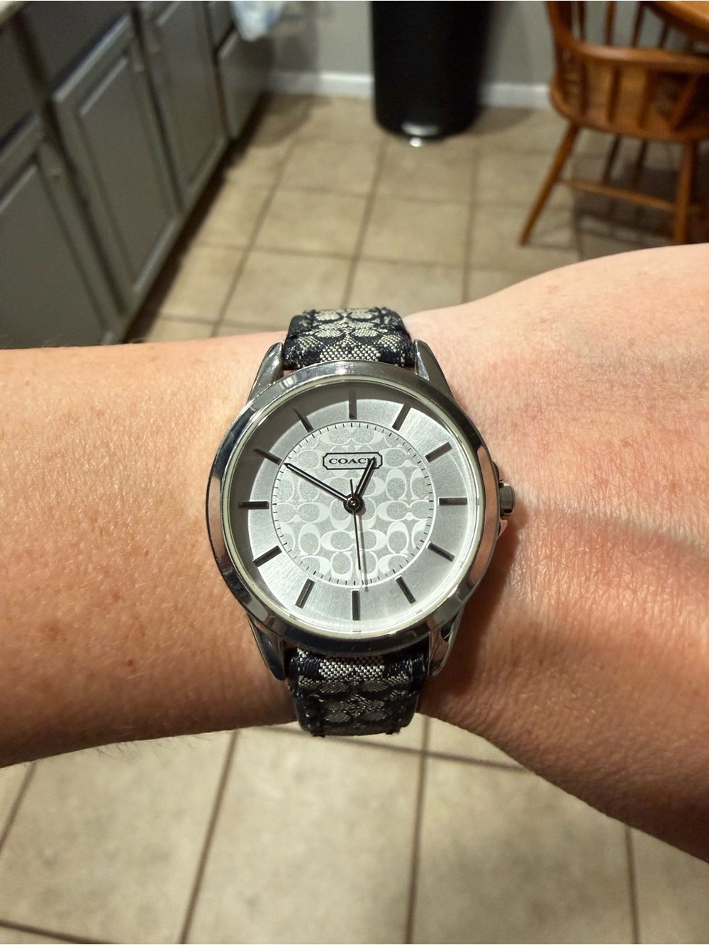 Coach Silver Dial Watch with Signature Black/Gray Canvas Strap